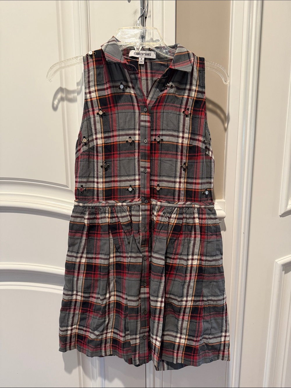 Elizabeth and James Gray & Red Plaid Button-Front Dress
